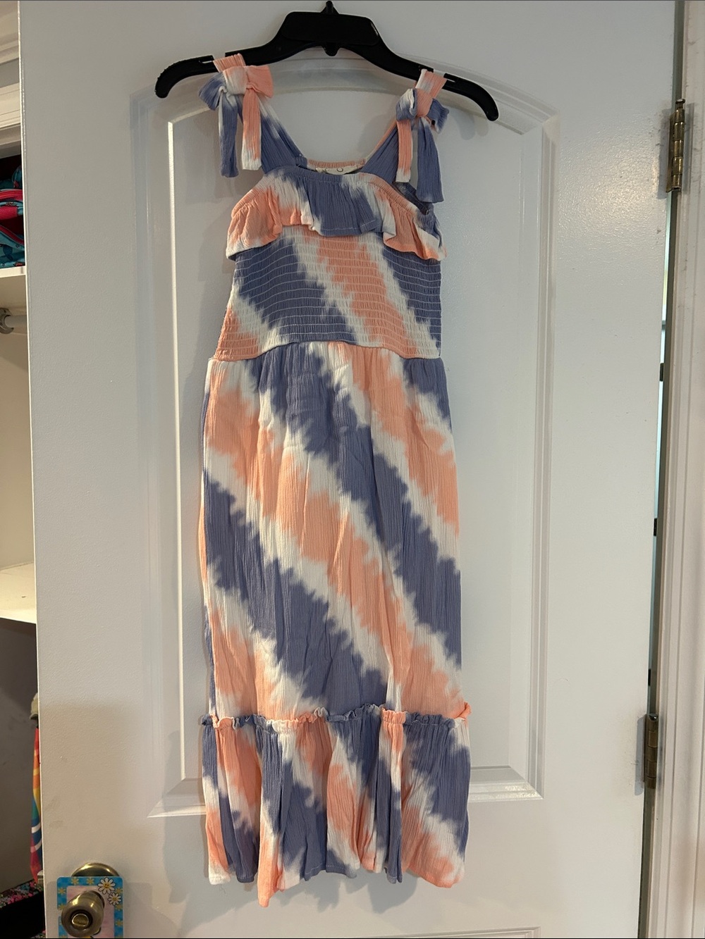 Girls Tie-Dye Midi Dress with Shoulder Ties - Peach, Lavender & White